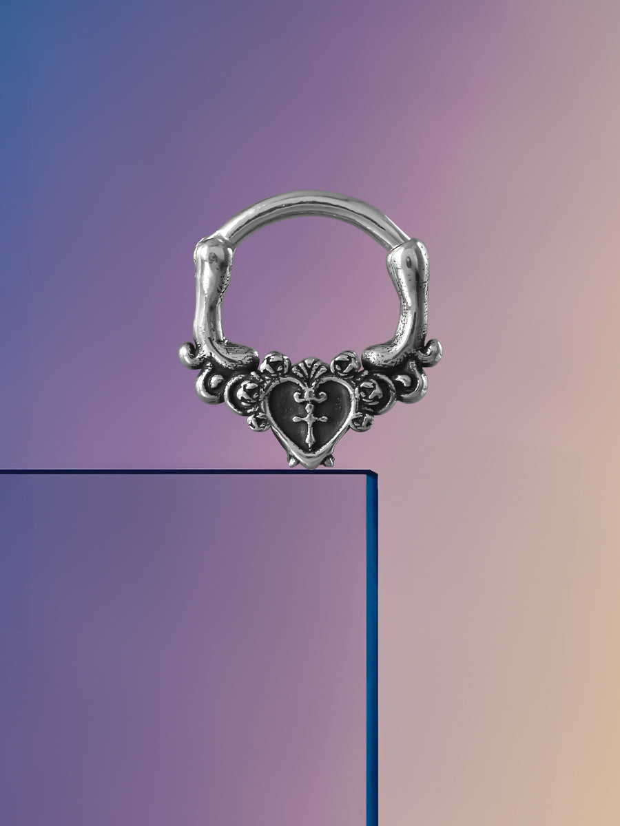 Ornate Heart Sterling Silver Septum Nose Ring